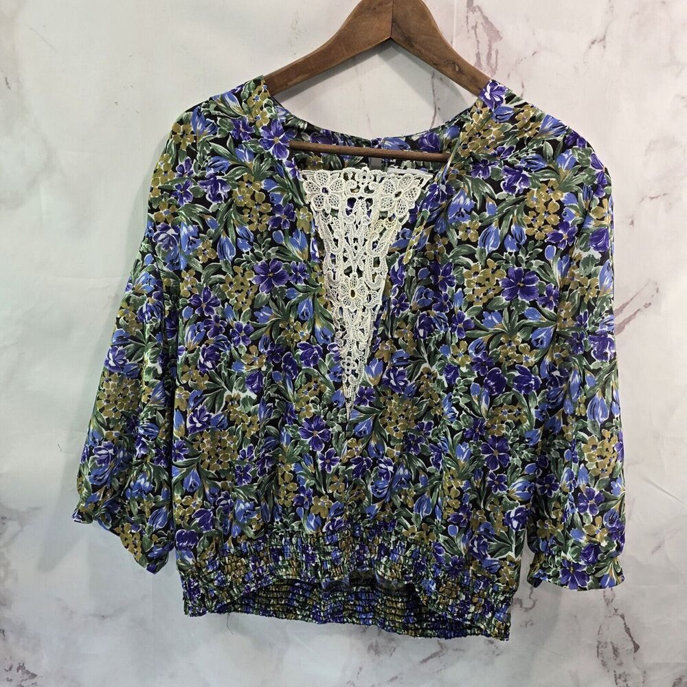 Vintage Blouse Womens Large Blue Floral Cropped Cottagecore Coquette 80s 90s
